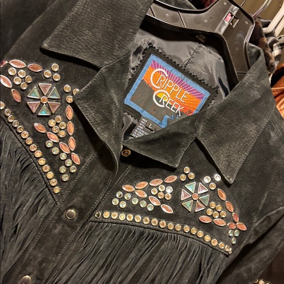 Black Suede Fringe Rhinestone Studded Leather Jacket L Excellent VTG Condition - Picture 9 of 17